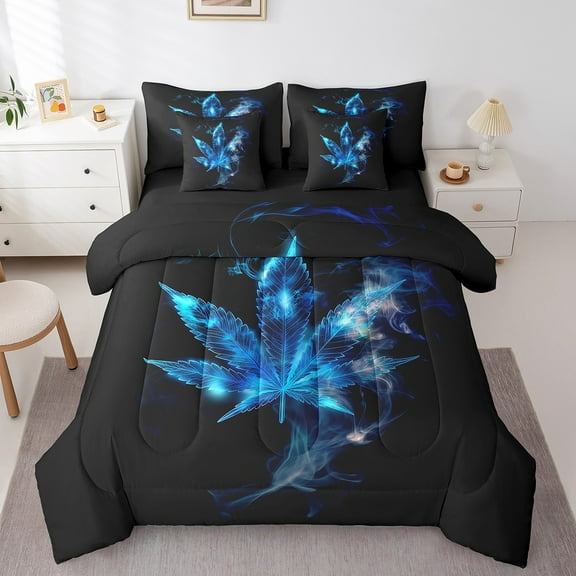 Erosebridal Neon Leaf Bed in a Bag Twin Size, Black Blue Bed Set, Gradient Plant Bed Sheets Setp with Comforter, Microfiber Room Decorative, Reversible 7 Pieces