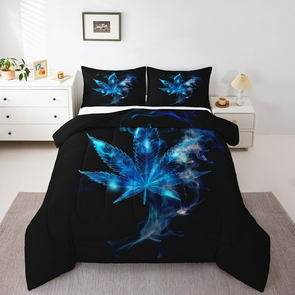 Erosebridal Neon Leaf Bedding King Comforter Set, Black Blue Down Comforter, Gradient Plant Bedding Sets King with Comforter, Microfiber Room Decorative, 3 Pieces