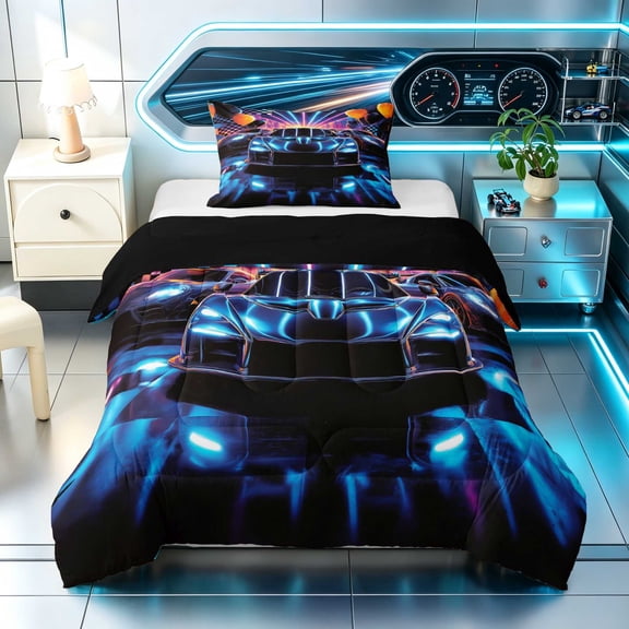 Erosebridal Neon Light Twin Comforter Sets, Race Track Bedding Set, Neon Blue, Black Reversible 2pcs 1 Comforter and 1 Pillowcase