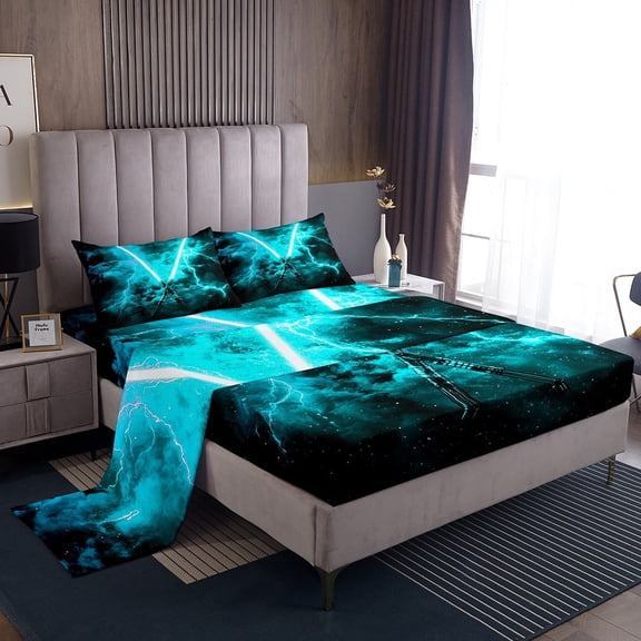 Erosebridal Neon Lightning Twin Sheets, Blue Lightning Bedding, 3 Pieces, 1 Flat Sheet, 1 Fitted Sheet and 1 Pillowcase