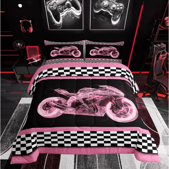 Erosebridal Neon Motorcycle Bedding Twin Comforter Set, Honeycomb Geometry Down Comforter, Extreme Sports Decor, Super Cozy