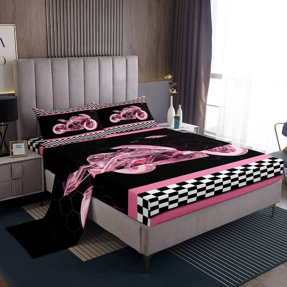 Erosebridal Neon Motorcycle Sheet Set King, Honeycomb Geometry Bedding Sets King Size, Extreme Sports Decor