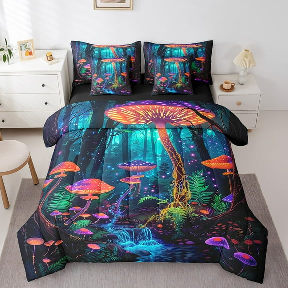 Erosebridal Neon Mushroom Bedding Twin Size, Boho Botanical Bedding Sets Twin Size, Glitter Stars Reversible Bed Set, Lightweight Bedroom Decorative, 7pcs