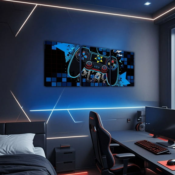 Erosebridal Neon Navy Gamepad Canvas Wall Art Set of 3 , Gradient Buffalo Grid Wall Decor for Kitchen
