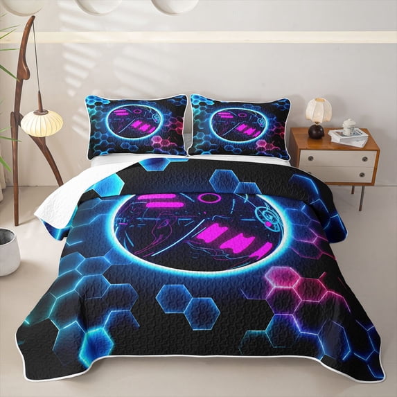 Erosebridal Neon Purple Blue Billiard Quilt King for Boys Men, Hexagon Grid Print King Coverlet Set, 3 Pieces