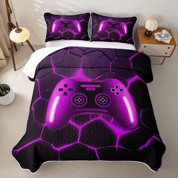 Erosebridal Neon Purple Game Controller Twin Quilt Set for Boys Men, Honeycomb Hexagon Twin Coverlet Set, 2pcs