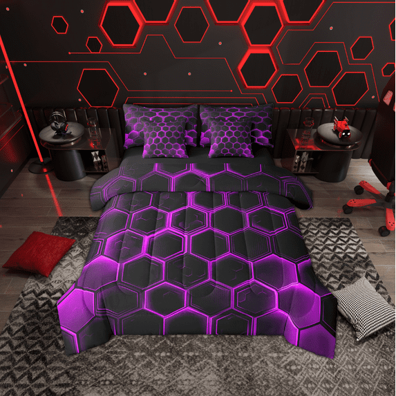Erosebridal Neon Purple Honeycomb Bedding Sets Full Size, Geometric Hexagon Comforter Sets with Sheets, Black Bedroom Decor, Reversible 7pcs
