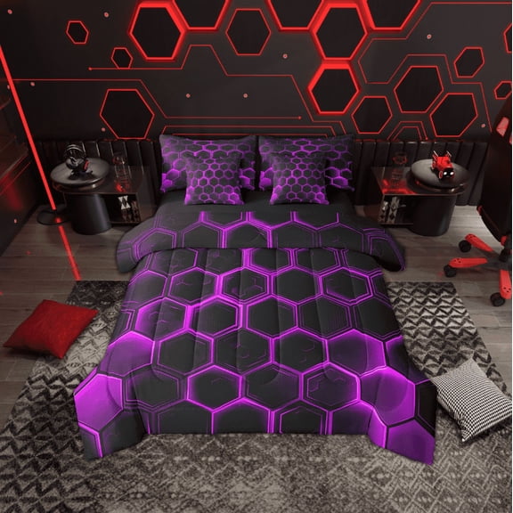 Erosebridal Neon Purple Honeycomb Bedding Twin Size, Geometric Hexagon Comforter Sets with Sheets, Black Bedroom Decor, Reversible 7pcs