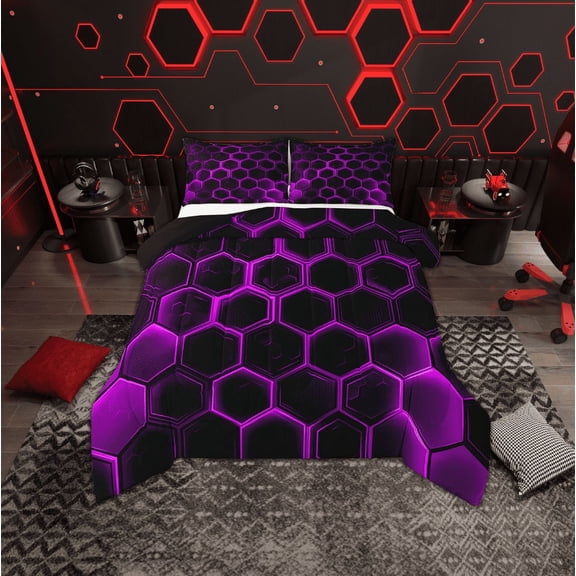 Erosebridal Neon Purple Honeycomb Comforter Sets Twin Size, Geometric Hexagon Comforters & Duvets, Black Bedroom Decor, Reversible 2pcs
