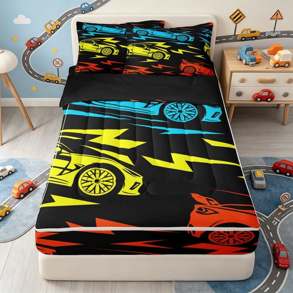 Erosebridal Neon Race Car Print Zipper Queen Comforter Set with Fitted Sheet and 2 Pillowcases,Lightning Sport Vehicle Zipper Bedding Set For Boys,Black Reversible,4-Piece