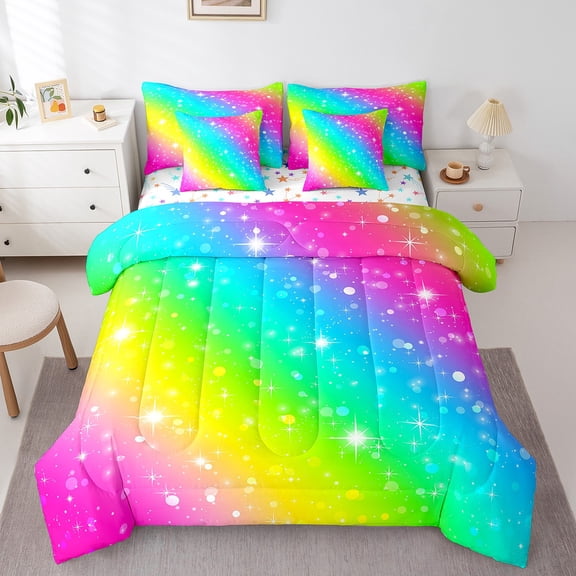 Erosebridal Neon Rainbow Bedding Full Size, Glitter Stars Bedding Sets Full Size, Cartoon Theme Reversible Comforter Sets with Sheets, Microfiber Room Decor, 7 Pieces