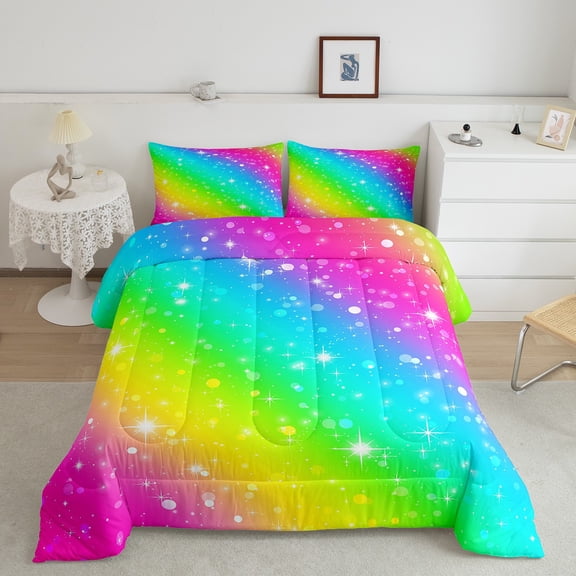 Erosebridal Neon Rainbow Bedding Sets Full with Comforter, Glitter Stars Comforter Sets Full Size, Cartoon Theme Reversible Down Comforter, Microfiber Room Decor, 3 Pieces