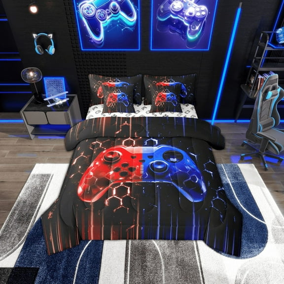 Erosebridal Neon Red Blue Gamepad Bedding Sets Twin Size, Gradient Lines Comforter Sets with Sheets, Gamer Room Decorative, Reversible 7-Piece