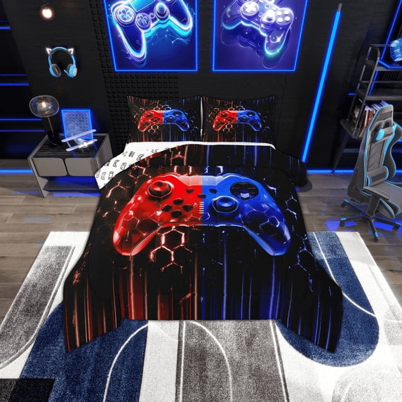 Erosebridal Neon Red Blue Gamepad Bedding Twin Comforter Set, Gradient Lines Down Comforter, Gamer Room Decorative, Reversible 2-Piece