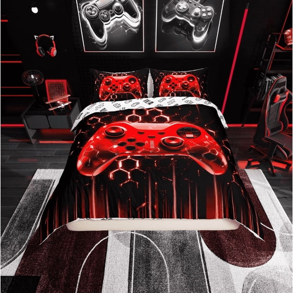 Erosebridal Neon Red Gamepad Comforter Cover Twin, Gradient Lines Bedding Twin Size, Gamer Room Decorative, Reversible 2 Pieces (No Comforter)