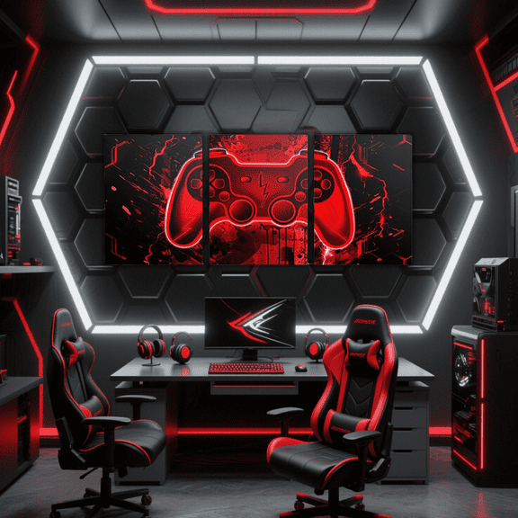 Erosebridal Neon Red Gamepad Print Canvas Wall Art Set of 3 Teens Men, Abstract Splatter Wall Decor for Kitchen, Gamer Room Decorative