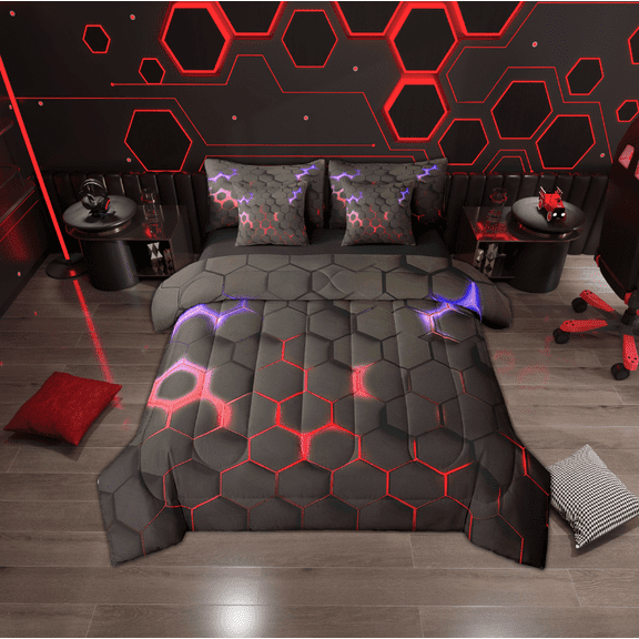 Erosebridal Neon Red Purple Hexagon Bedding Twin Size, Geometry Honeycomb Comforter Sets with Sheets, Black Room Decor, Reversible 7pcs