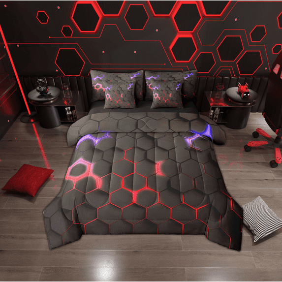 Erosebridal Neon Red Purple Hexagon Bedding Twin Size, Geometry Honeycomb Comforter Sets with Sheets, Black Room Decor, Reversible 7pcs