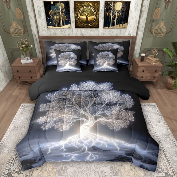 Erosebridal Neon Tree of Life Bedding Comforter Set, Magic Tree Queen Bedding Sets, Black Reversible, 7pcs