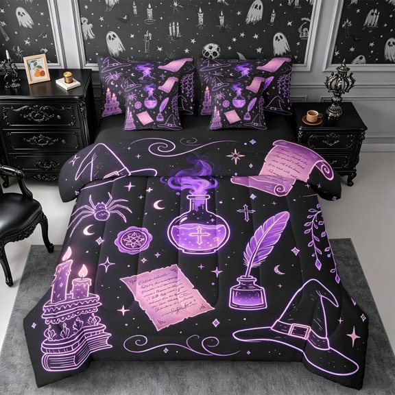 Erosebridal Neon Witch 7-Piece Twin Bedding,Magic Symbols Bedding Comforter Set,Lavender,Reversible