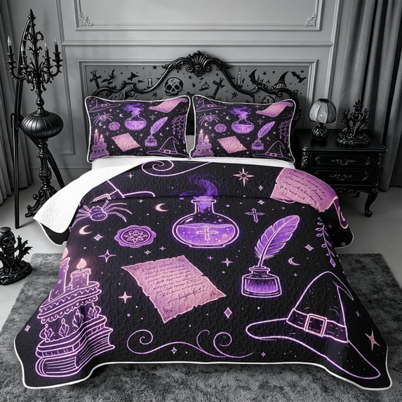 Erosebridal Neon Witch Quilt Full 3-Piece,Magic Symbols Full Bedspread Sets,Lavender,1 Coverlet and 2 Pillowcases