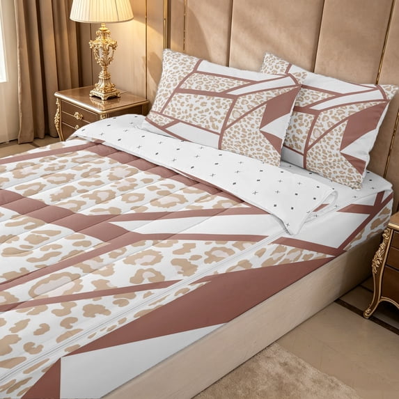 Erosebridal Neutral Wheat Abstract Zipper Queen Comforter Set with Fitted Sheet and 2 Pillowcases for Girls, Leopard Animal Print Zipper Bedding Set, Reversible, 4-Piece