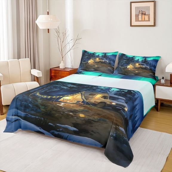 Erosebridal Northern Lights RV Car Tent Bed Sheets, Winter Pine Tree King Sheets for Men and Women, 4pcs