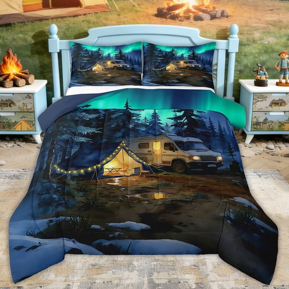 Erosebridal Northern Lights RV Car Tent Queen Comforter Set, Winter Pine Tree Bedding Comforter Set for Men and Women, 3pcs