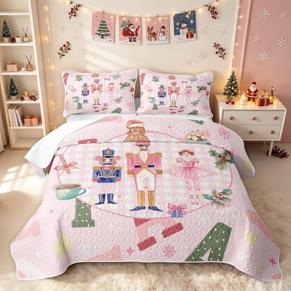 Erosebridal Nutcracker Ballerina Quilt Full, Holiday Ballet Full Bedspread Sets, Off White Pink, 3pcs, 1 Coverlet and 2 Pillowcases