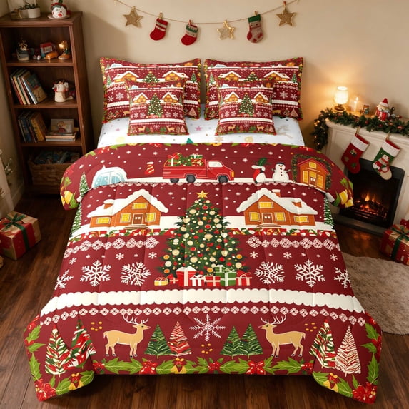 Manfei Nutcracker Queen Bedding 7 Pieces Christmas Bedding Comforter Set Queen, Red Gold, Xmas Reversible