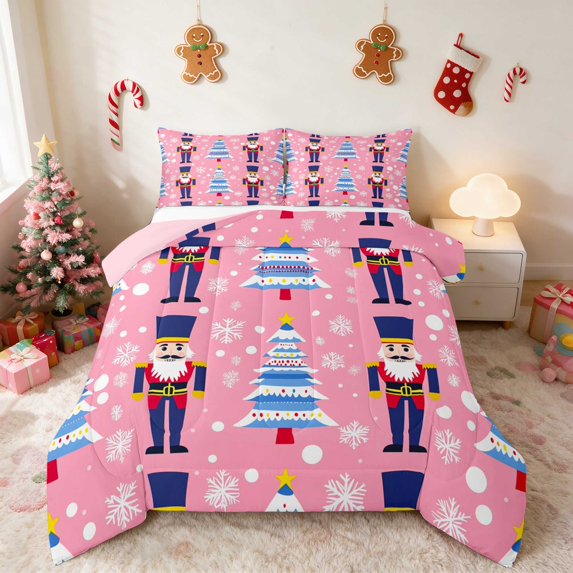 Manfei Nutcracker Queen Comforter Set Christmas Comforter Sets Queen, Black Gold 3-Pieces 1 Comforter and 2 Pillowcases, Pink Reversible