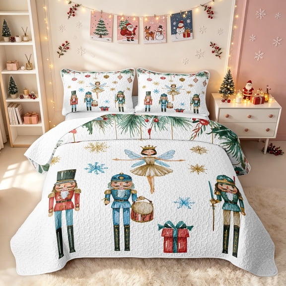 Erosebridal Nutcracker Soldier Bed Spread Queen, Ballerina Christmas Queen Coverlet Set, White Green, 3pcs, 1 Quilt and 2 Pillowcases