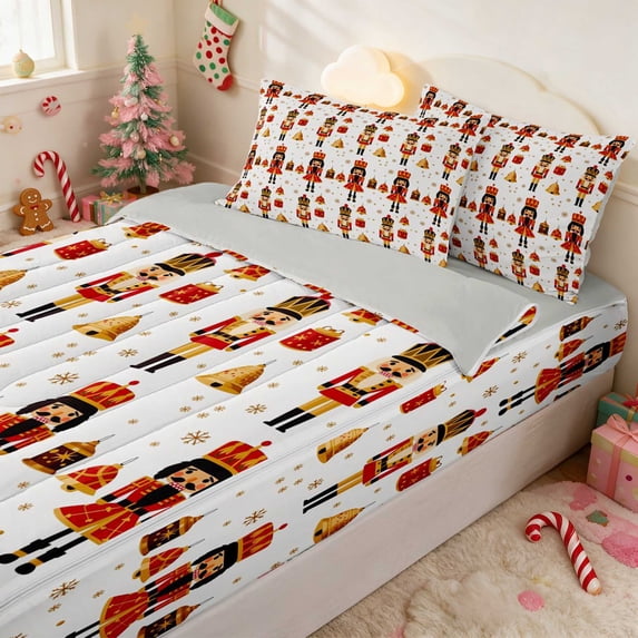 Manfei Nutcracker Zipper Full Size Comforter Sets with Fitted Sheet and 2 Pillowcases Christmas Zipper Bedding Set, Peach Pink, Gray Reversible