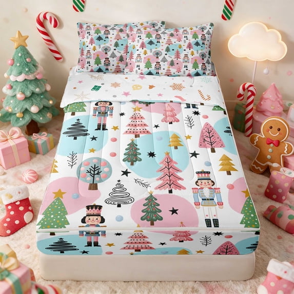 Manfei Nutcracker Zipper Queen Comforter Set with Fitted Sheet and 2 Pillowcases Ballet Zipper Bedding Set, Coral White, Xmas Reversible