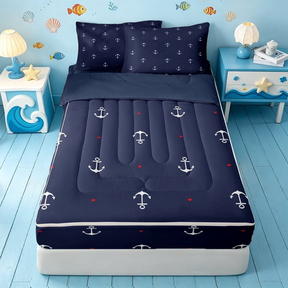 Erosebridal Ocean Anchor Themed Zipper Twin Comforter Sets with Fitted Sheet and 2 Pillowcases,Red Heart Print Zipper Bedding Set For Boys,Navy Blue Reversible,4-Piece
