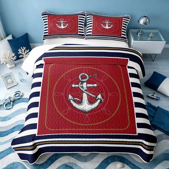 Erosebridal Ocean Anchor Twin Quilt Set, Sea Stripe Twin Coverlet Set, Reversible 2-Piece, 1 Bedspread and 1 Pillowcase