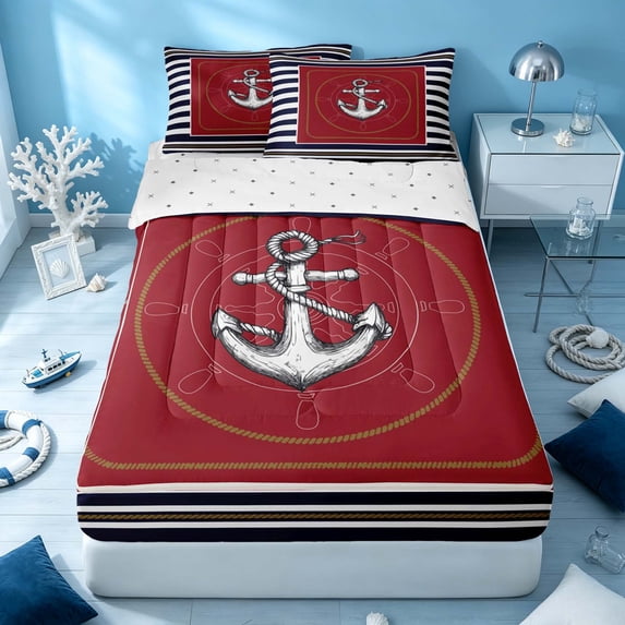 Erosebridal Ocean Anchor Zipper Queen Comforter Set with Fitted Sheet and 2 Pillowcases, Sea Stripe Zipper Bedding Set, Reversible