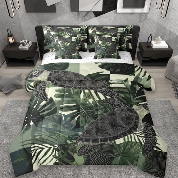 Erosebridal Ocean Animal Turtle 7 Pieces Bedding Comforter Set,Green Tropical Plant Monstera Leaf Full Bedding Set For Adults,Reversible