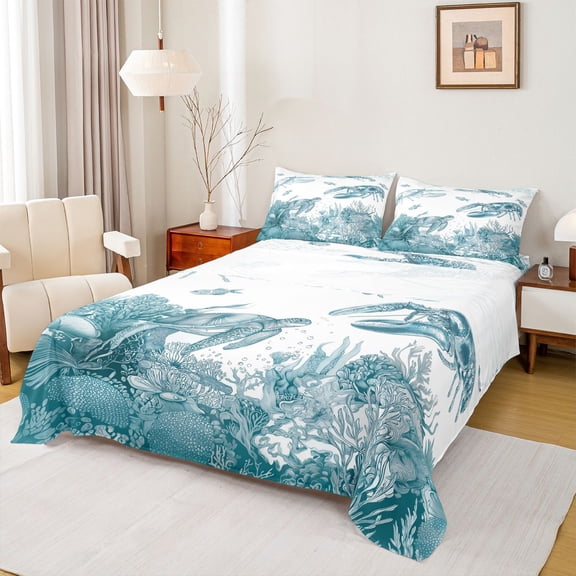Erosebridal Ocean Animal Turtle Bed Sheets,Sea Lobster Fish King Sheets For Girls Boys 4pcs