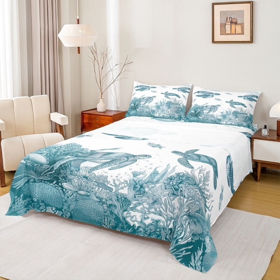Erosebridal Ocean Animal Turtle Bed Sheets,White Teal King Sheets For Girls Boys 4-Piece