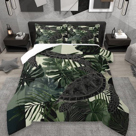 Erosebridal Ocean Animal Turtle Full Size Comforter Sets,Green Tropical Plant Monstera Leaf Bedding Sets For Adults 3 Pieces