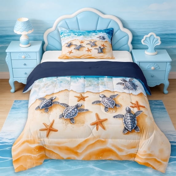 Erosebridal Ocean Animal Turtle Twin Comforter Sets,Sea Beach Nautical Coastal Kawaii Starfish Bedding Set For Girls Kids,Reversible Navy Blue,2-Piece