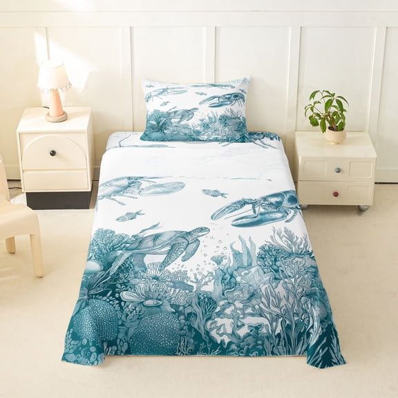 Erosebridal Ocean Animal Turtle Twin Sheet Sets,Sea Lobster Fish Bedding For Girls Boys 3pcs