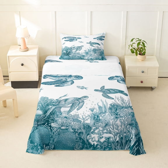 Erosebridal Ocean Animal Turtle Twin Sheet Sets,White Teal Bedding For Girls Boys 3-Piece