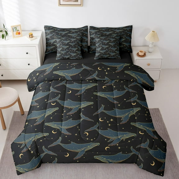 Erosebridal Ocean Animal Whale Bedding Queen Size,Stars Moon Galaxy Bed Set,Constellation Theme Bedding Sets Queen Size For Teens, Super Cozy Room Decoration Reversible,7pcs