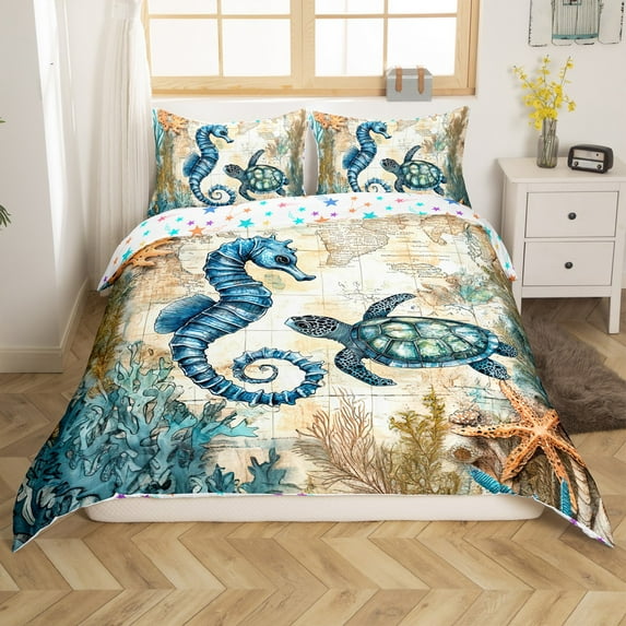 Erosebridal Ocean Animal Wildlife Comforter Cover Twin, Seahorse Sea Turtle Bedding Twin Size, Nautical Map Decor, Reversible 2 Pieces (No Comforter)