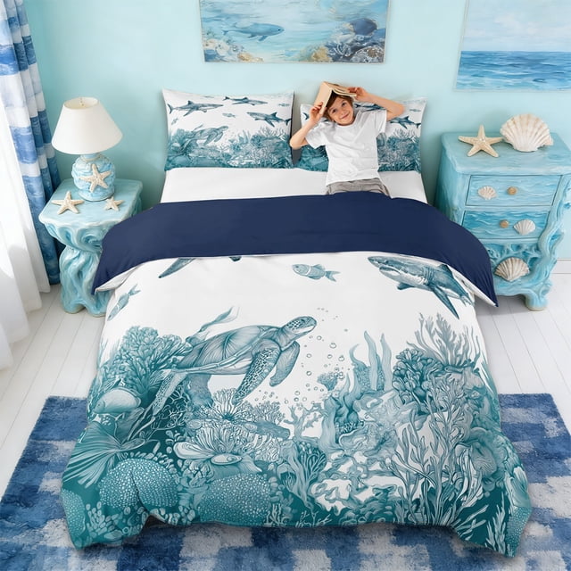 Erosebridal Ocean Animals Seahorse Queen Duvet Cover Set,Watercolor Sealife Turtle Coral Bedding For Teens 3-Piece,No Comforter,Reversible