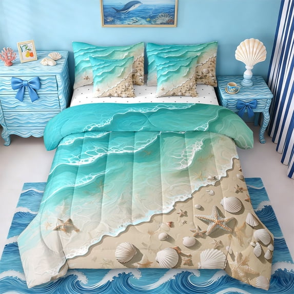 Erosebridal Ocean Beach 7 Pieces Bedding Comforter Set,Nautical Coastal Starfish Full Bedding Set For Kids Girls,Reversible