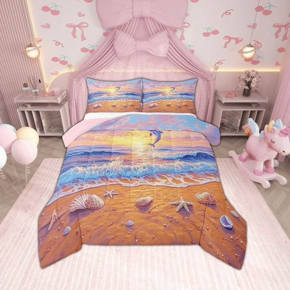 Erosebridal Ocean Beach Bedding King Comforter Set,Dolphin Starfish Comforters & Duvets,Sea Animal Comforter Sets King Size,Breathable Sunset Room Decor,Reversible,3pcs