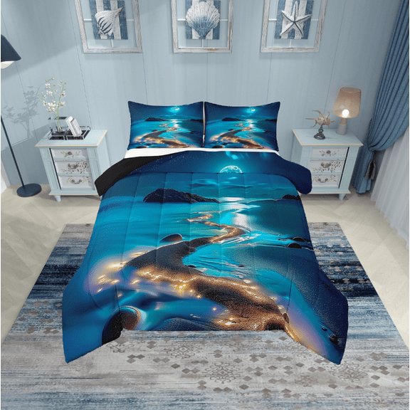 Erosebridal Ocean Beach Bedding King Comforter Set,Moon Night Comforter Sets King Size,Coastal Ocean Bedding Sets King With Comforter,Super Cozy Galaxy Room Decor,Reversible,3 Pieces